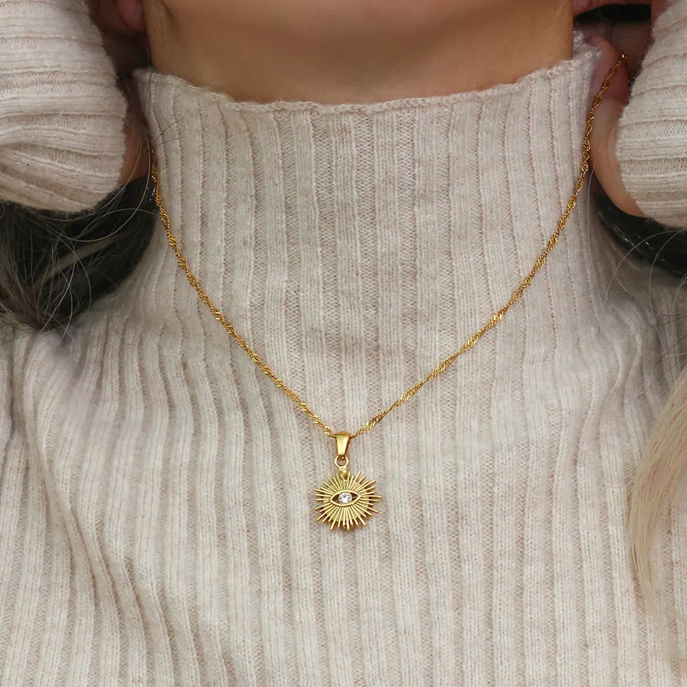 18K Gold-Plated Evil Eye Sunburst Pendant Necklace